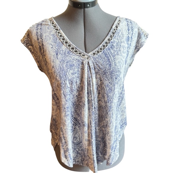 Lucky Brand Tops - Lucky Brand Blue Paisley Boho Top Crochet Trim Cottagecore Festival Lightweight